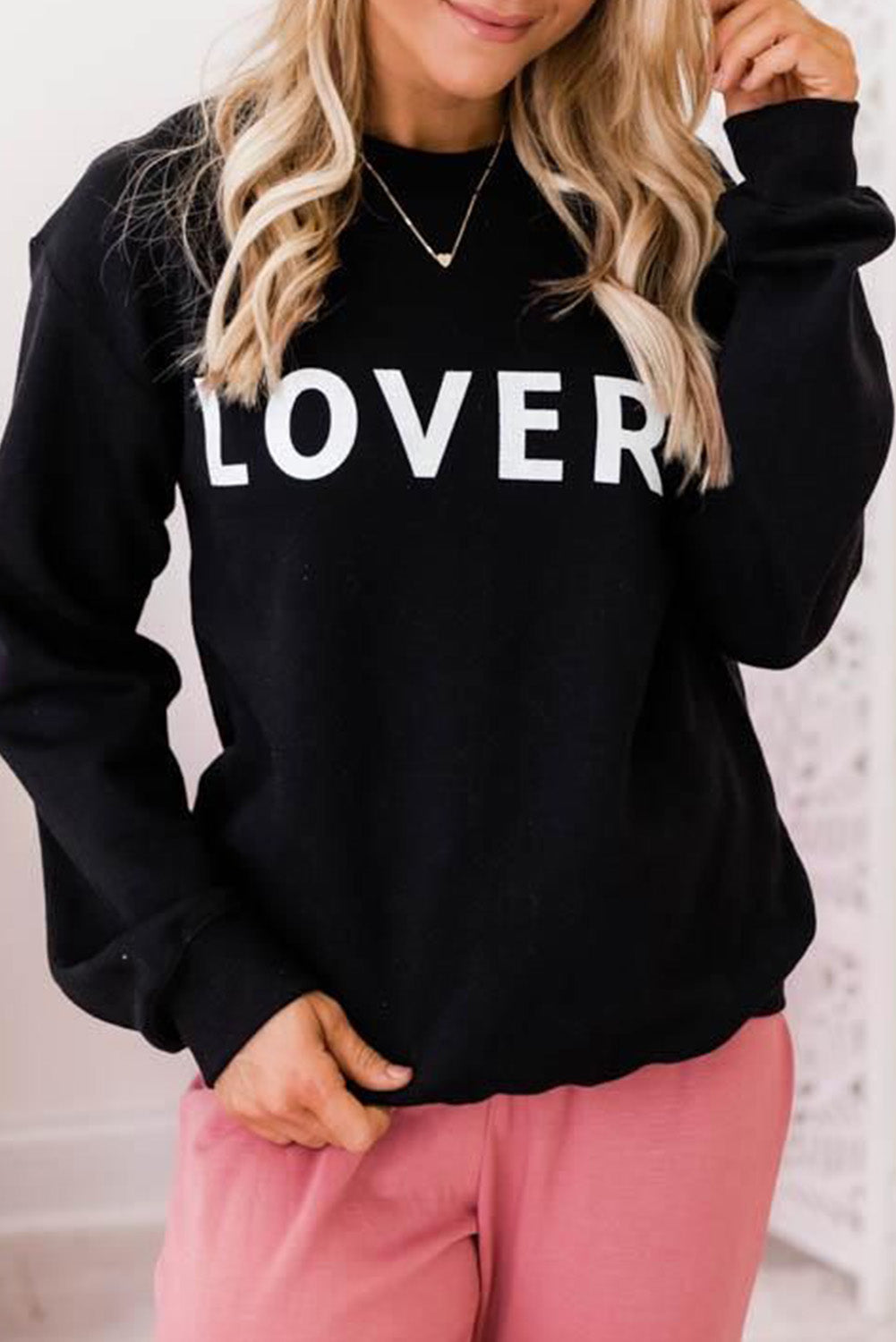 Black LOVER Letter Print Crew Neck Pullover Sweatshirt Black 70%Polyester+30%Cotton Graphic Sweatshirts JT's Designer Fashion