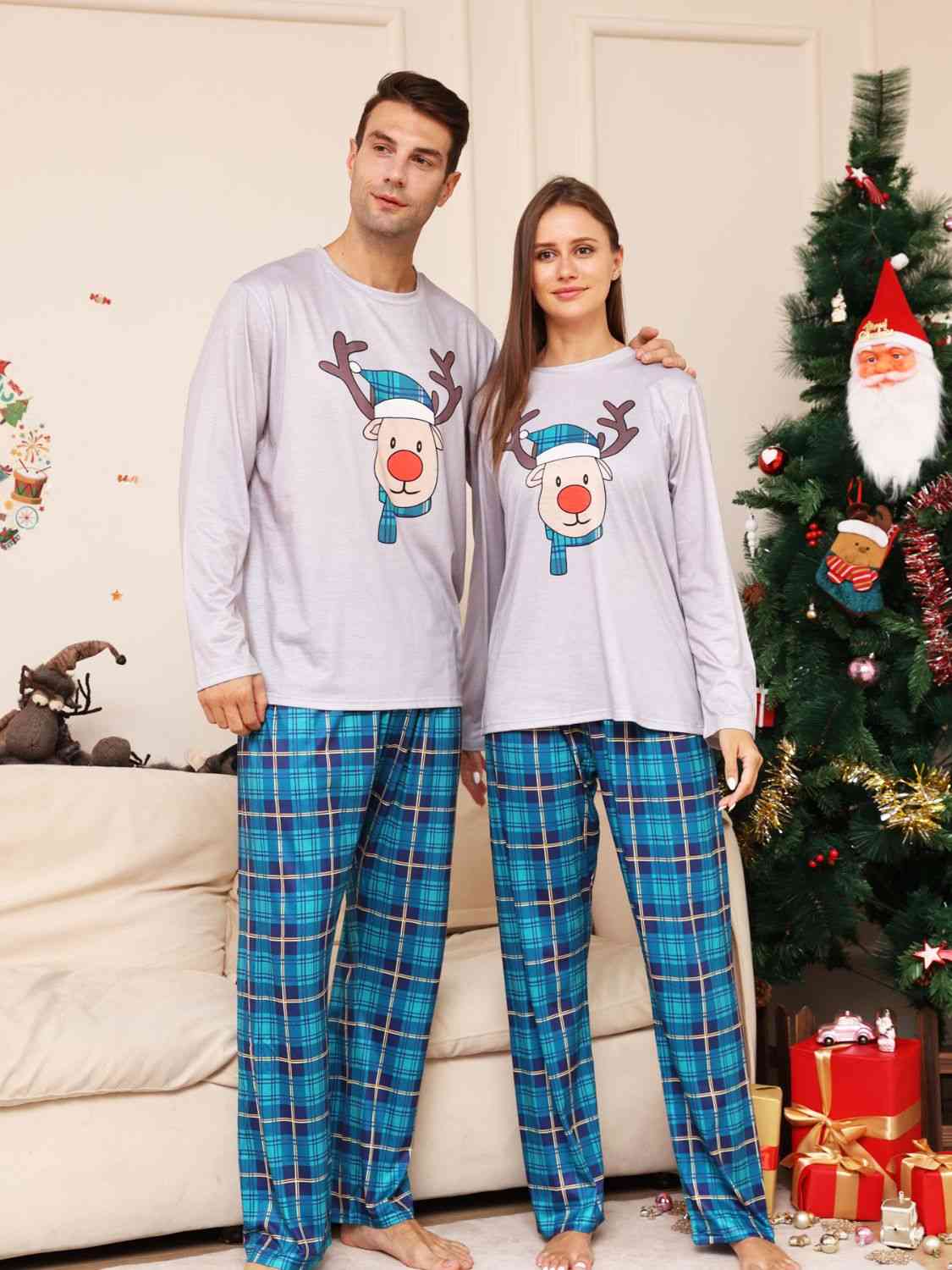 Full Size Rudolph Graphic Long Sleeve Top and Plaid Pants Set Family Sets JT's Designer Fashion