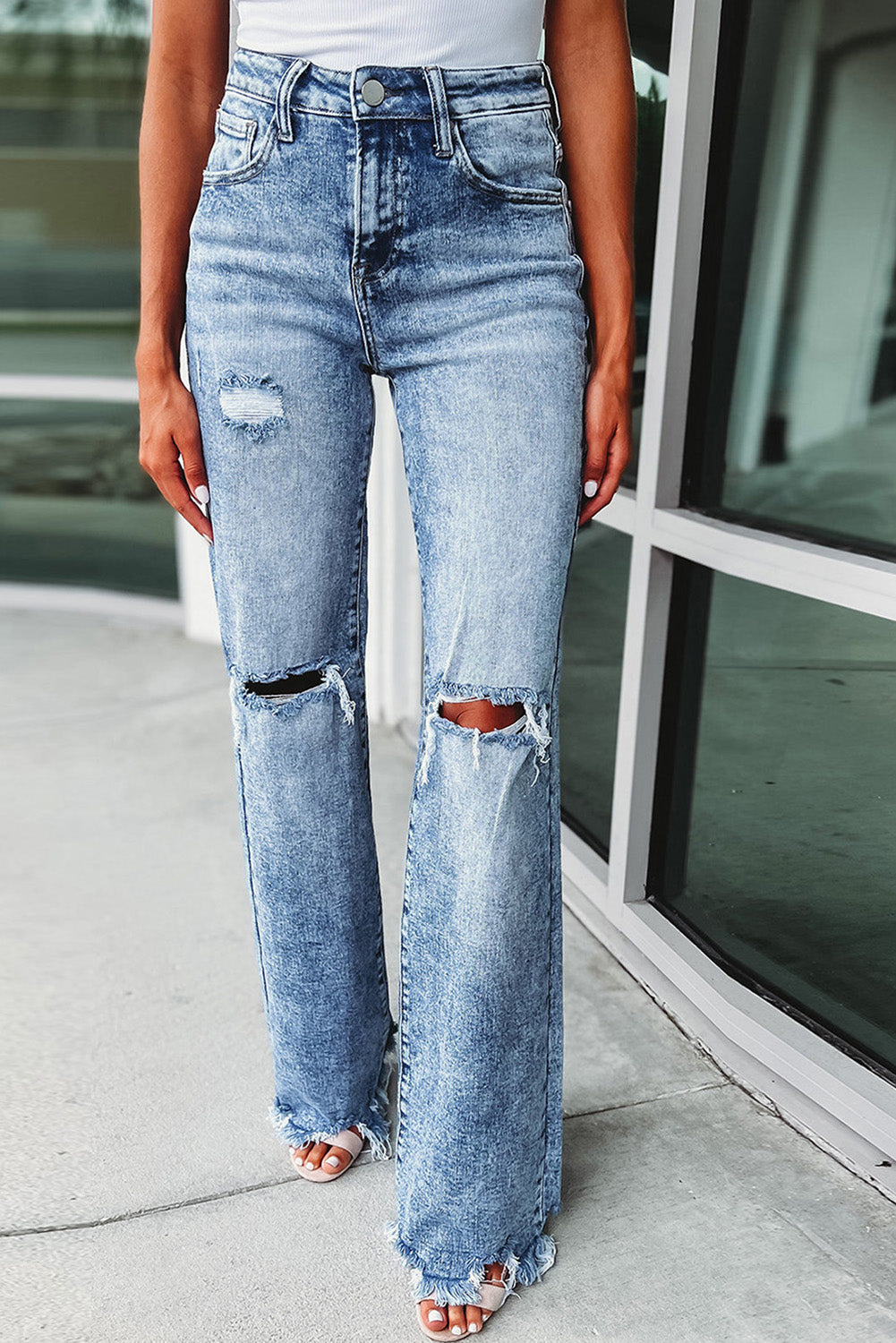 Sky Blue Washed Ripped Wide Leg High Waist Jeans Jeans JT's Designer Fashion