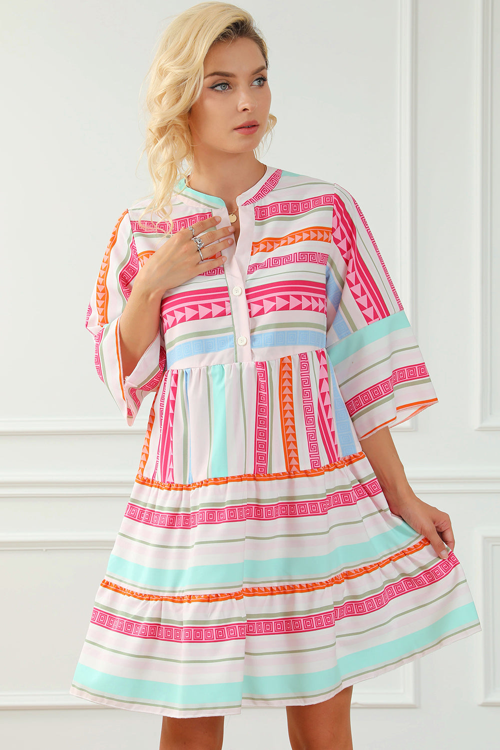 Multicolour Boho Geometric Print Bracelet Sleeve Buttoned Mini Dress Mini Dresses JT's Designer Fashion