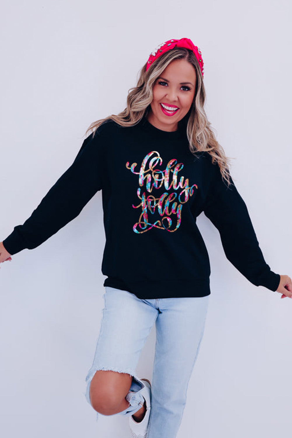 Black Holly Jolly Crew Neck Pullover Sweatshirt Graphic Sweatshirts JT's Designer Fashion