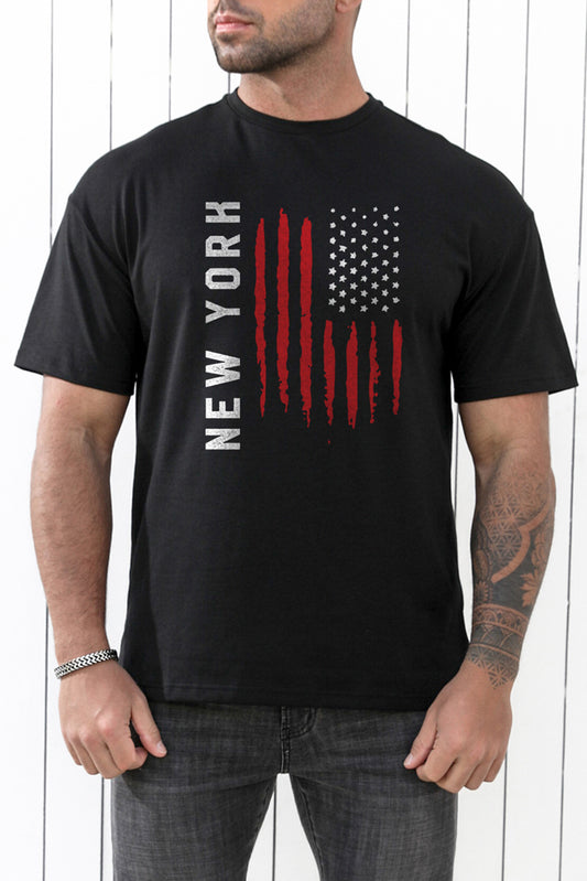 Black New York USA Flag Mens T Shirt Black 62%Polyester+32%Cotton+6%Elastane Men's Tops JT's Designer Fashion