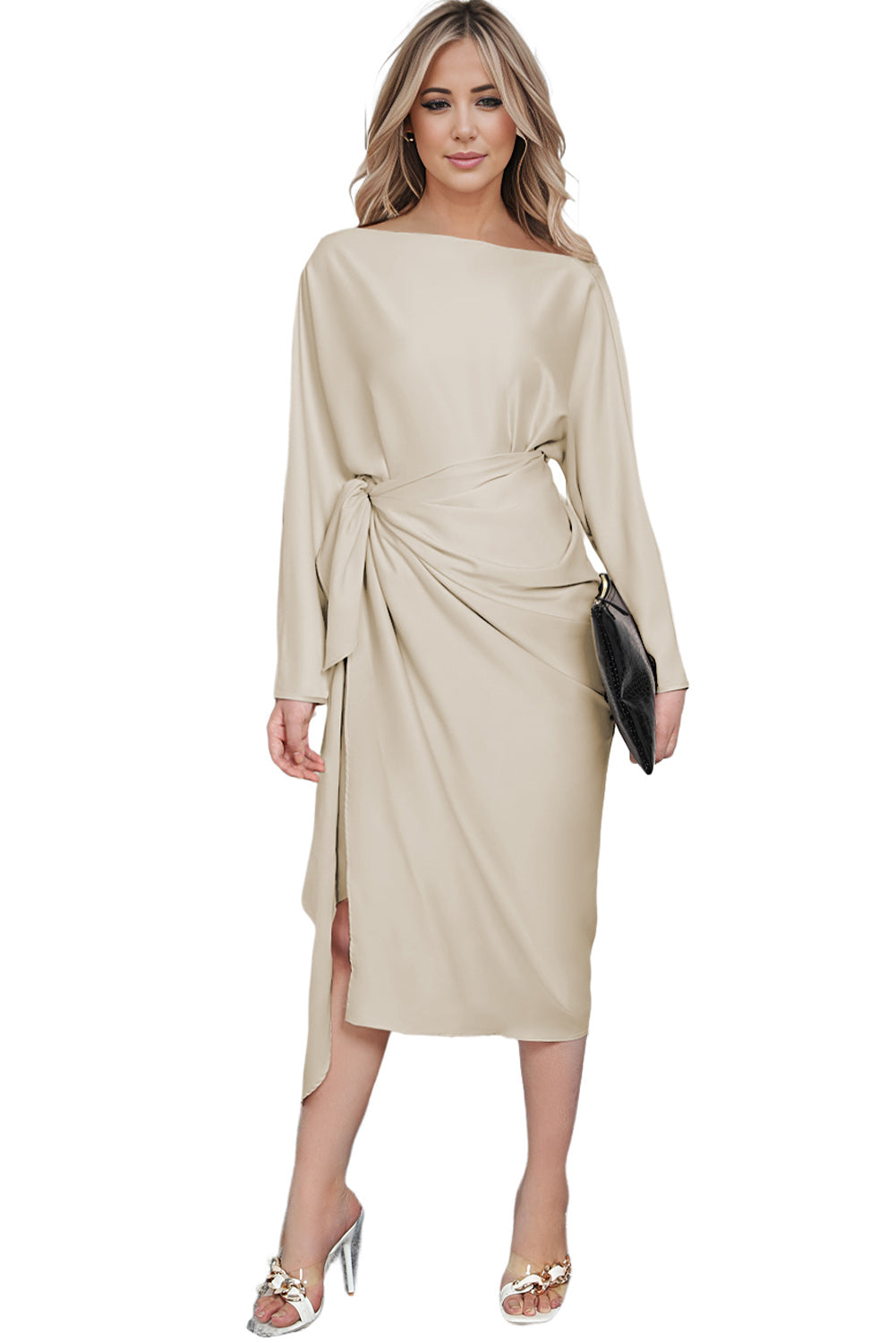 Apricot Satin Wrap Tie Side Boat Neck Long Sleeve Dress Evening Dresses JT's Designer Fashion