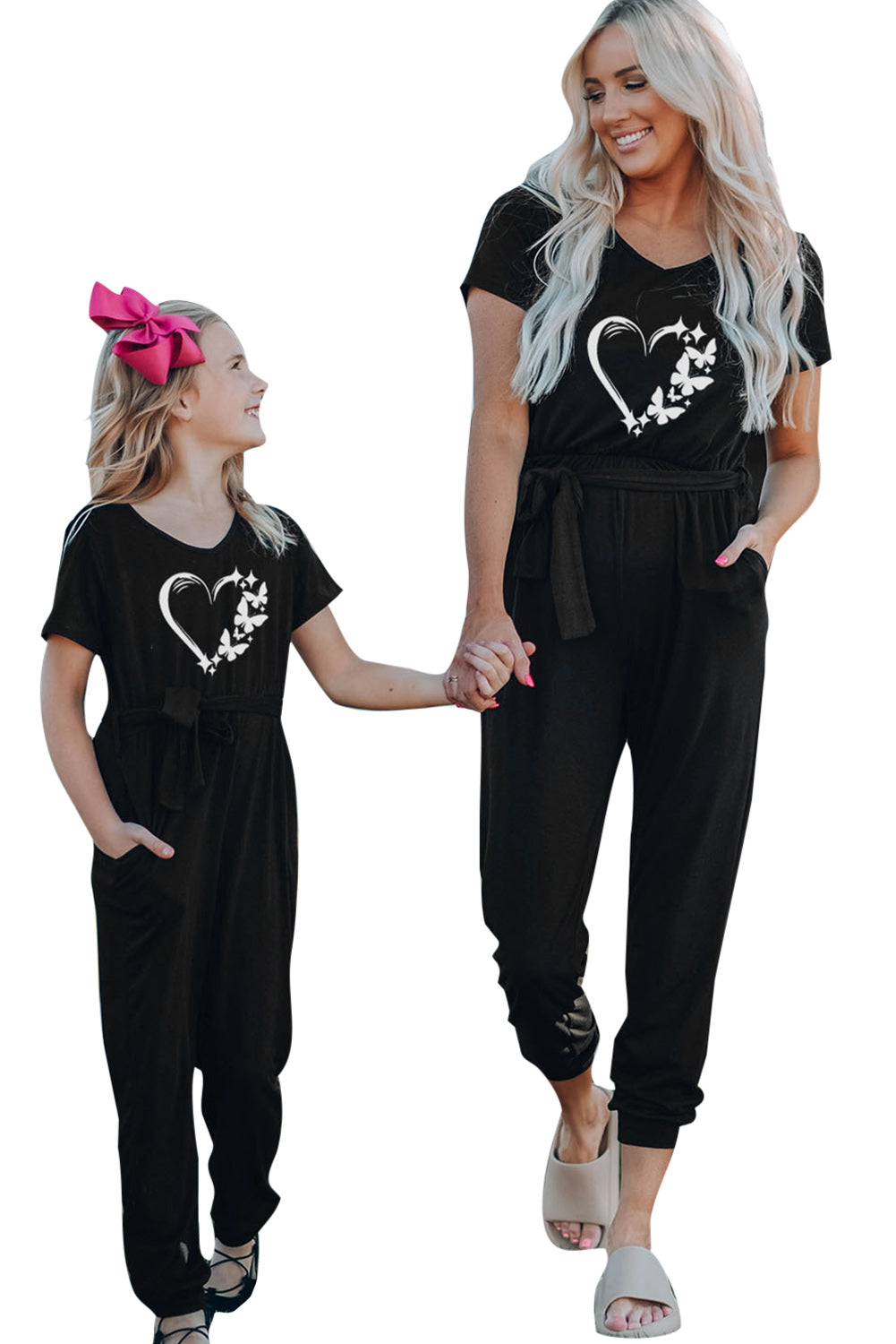 Family Matching Butterfly Heart Print Belted Short Sleeve Jumpsuit Family Bottoms JT's Designer Fashion