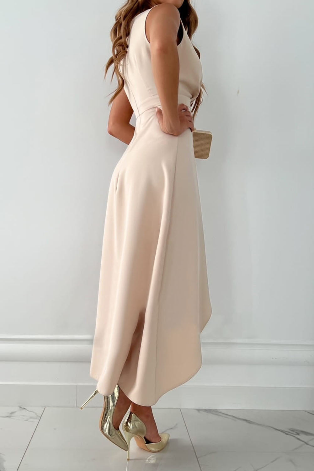 Apricot Surplice V Neck Frill Midi Dress with Slit Dresses JT's Designer Fashion