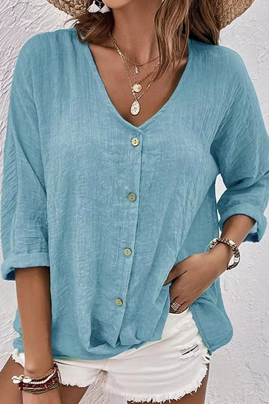 Sky Blue Crinkle V-Neck Button-Up Blouse Sky Blue 95%Polyester+5%Elastane Blouses & Shirts JT's Designer Fashion