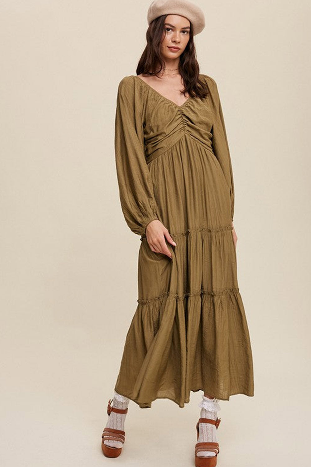 Green V Neck Bowknot Cutout Frill Tiered Maxi Dress Dresses JT's Designer Fashion