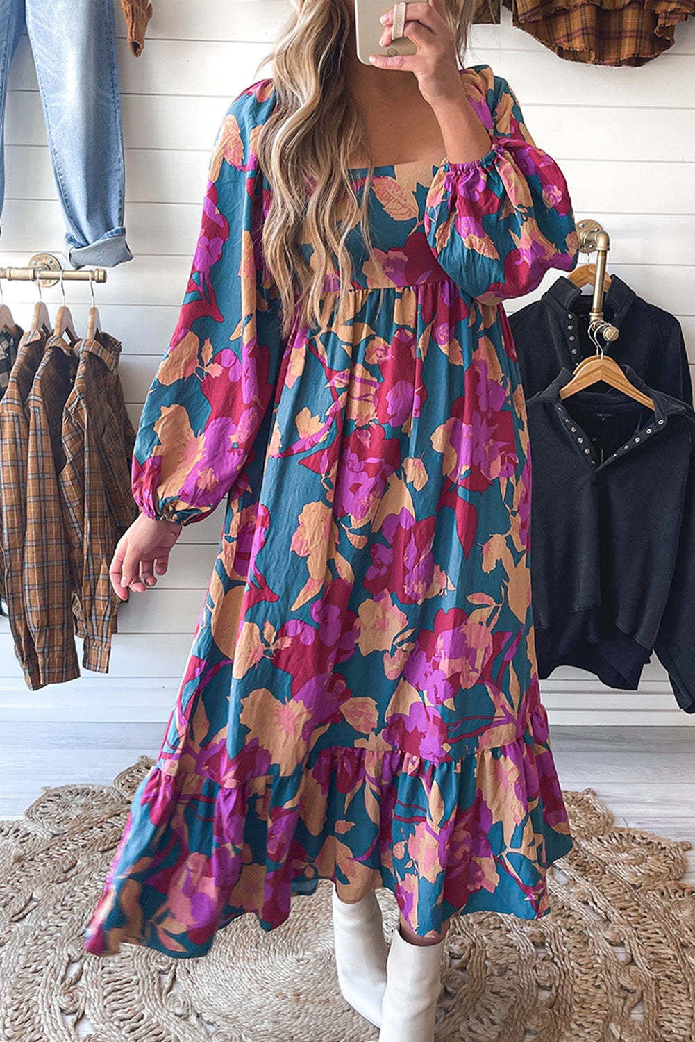 Multicolour Square Neck High Waist Ruffled Floral Dress Dresses JT's Designer Fashion