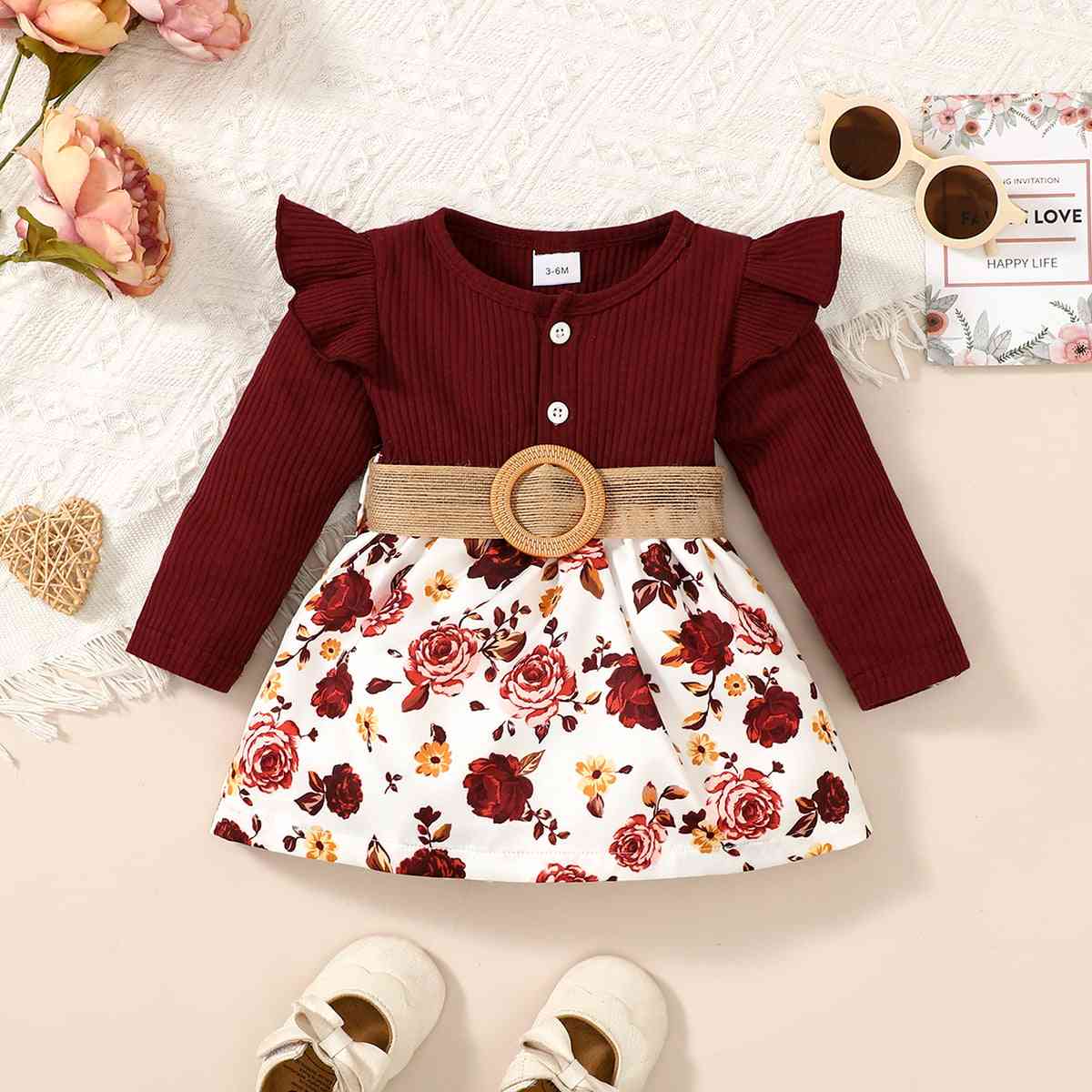 Floral Print Belted Short Dress Wine Baby JT's Designer Fashion