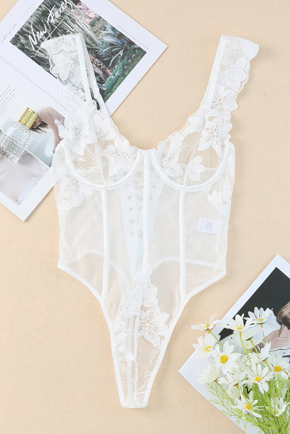 White Lily Floral Embroider Sheer Lace Up Teddy Teddy Lingerie JT's Designer Fashion