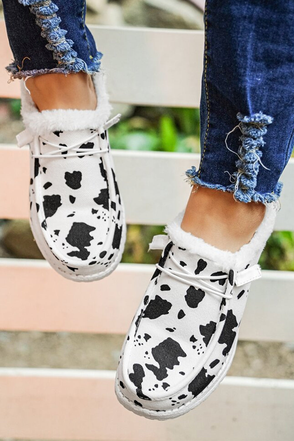 Bright White Cow Pattern Lace-up Decor Front Slip-on Flats Women's Shoes JT's Designer Fashion