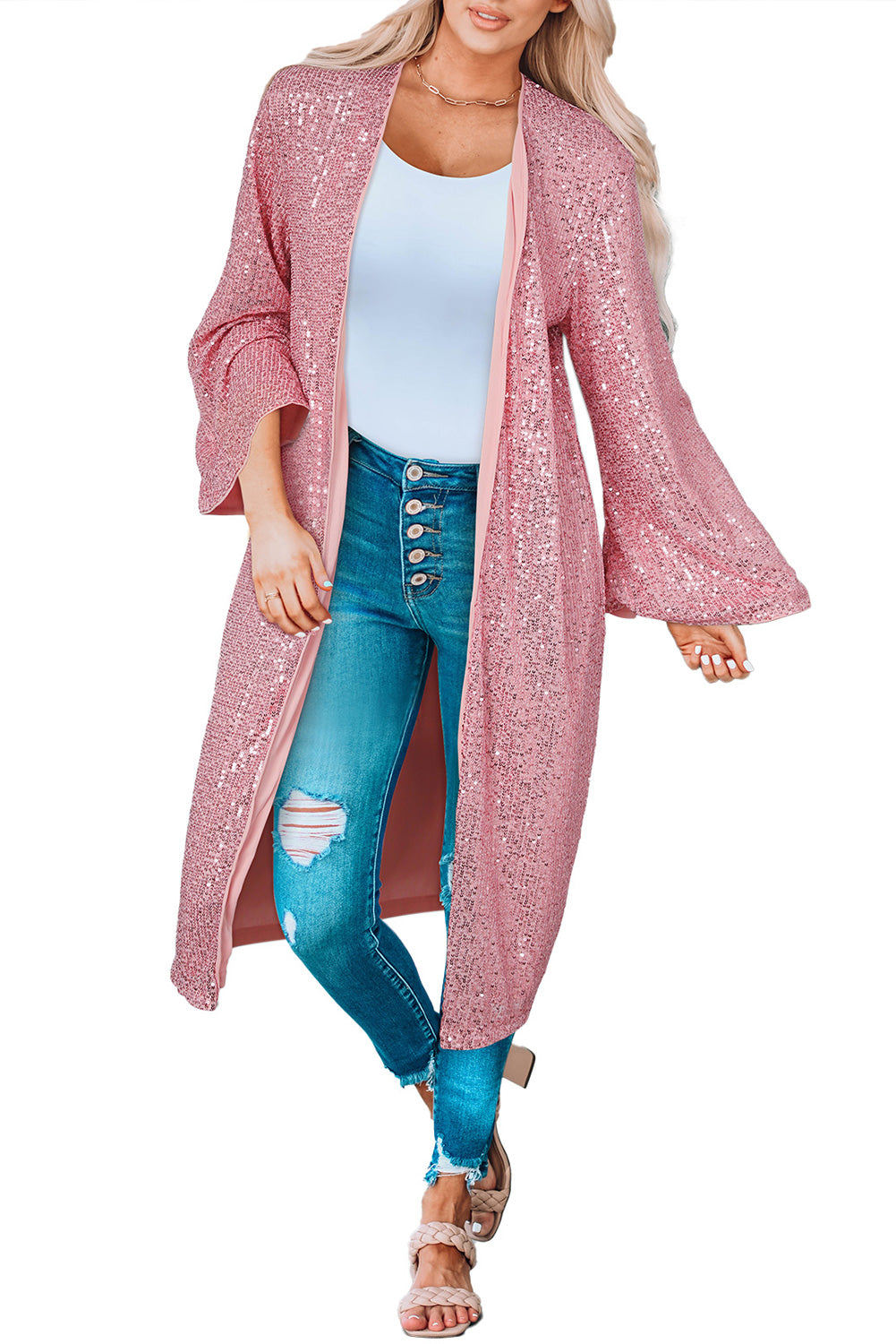 Pink Flare Sleeve Open Front Sequin Kimono Kimonos JT's Designer Fashion