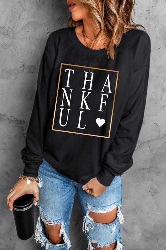 Black THANKFUL Heart Print Long Sleeve Sweatshirt Black 70%Polyester+30%Cotton Graphic Sweatshirts JT's Designer Fashion