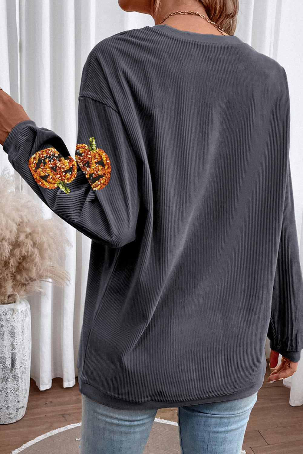 Dark Grey Sequined Halloween Pumpkin Corded Baggy Sweatshirt Graphic Sweatshirts JT's Designer Fashion