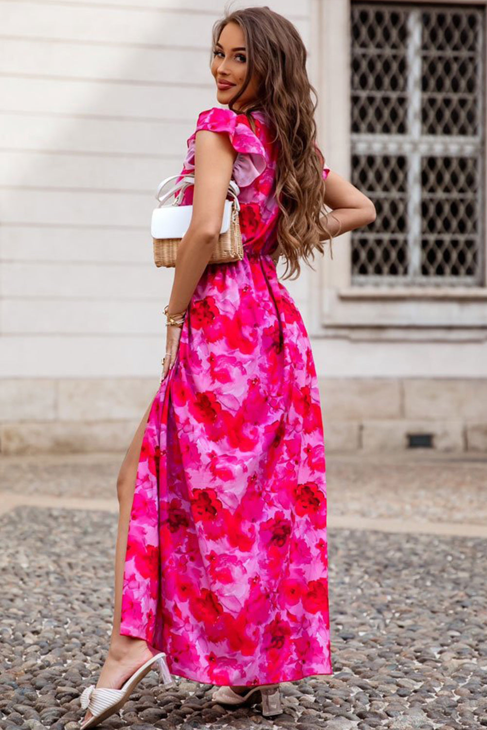 Rose Ruffled Sleeve Floral Print Empire Waist Maxi Dress with Split Maxi Dresses JT's Designer Fashion