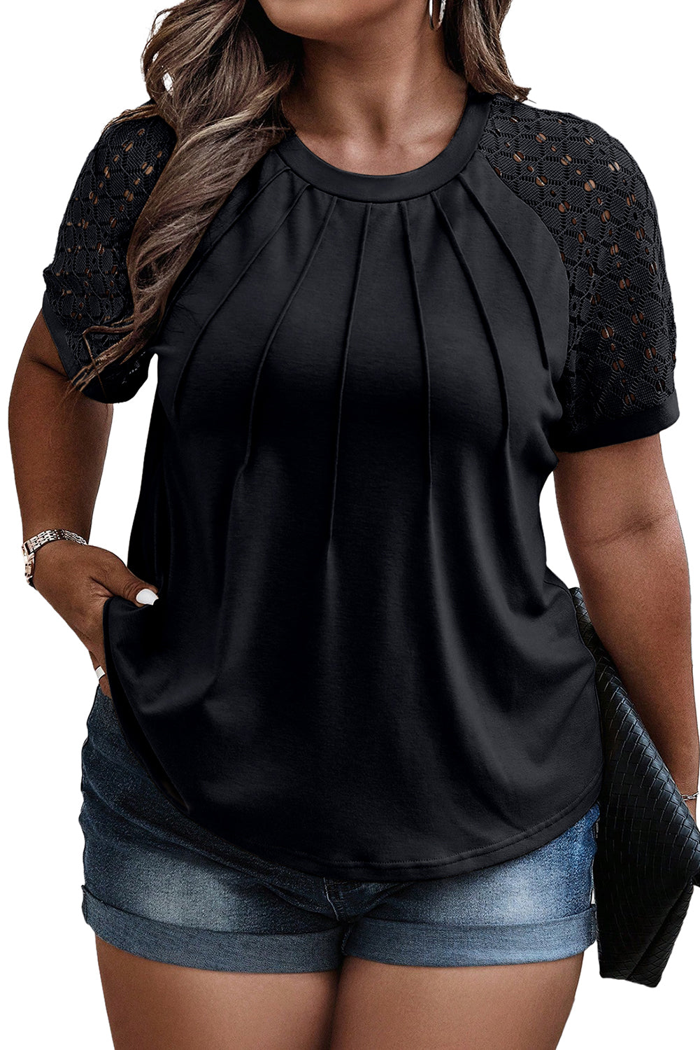Black Lace Splicing Sleeves Seam Detail Plus Size Top Pre Order Plus Size JT's Designer Fashion