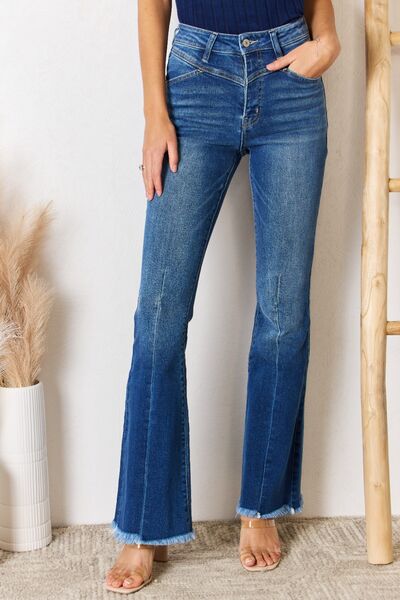 Kancan High Rise Raw Hem Flare Jeans Medium Jeans JT's Designer Fashion