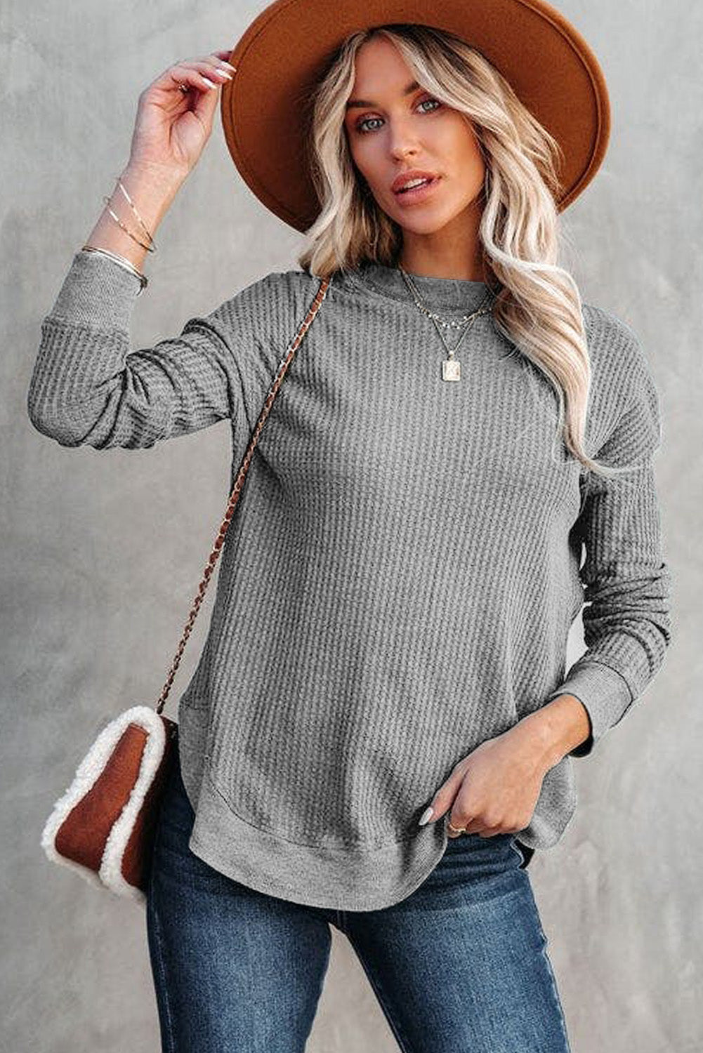 Gray Crew Neck Ribbed Trim Waffle Knit Top Long Sleeve Tops JT's Designer Fashion