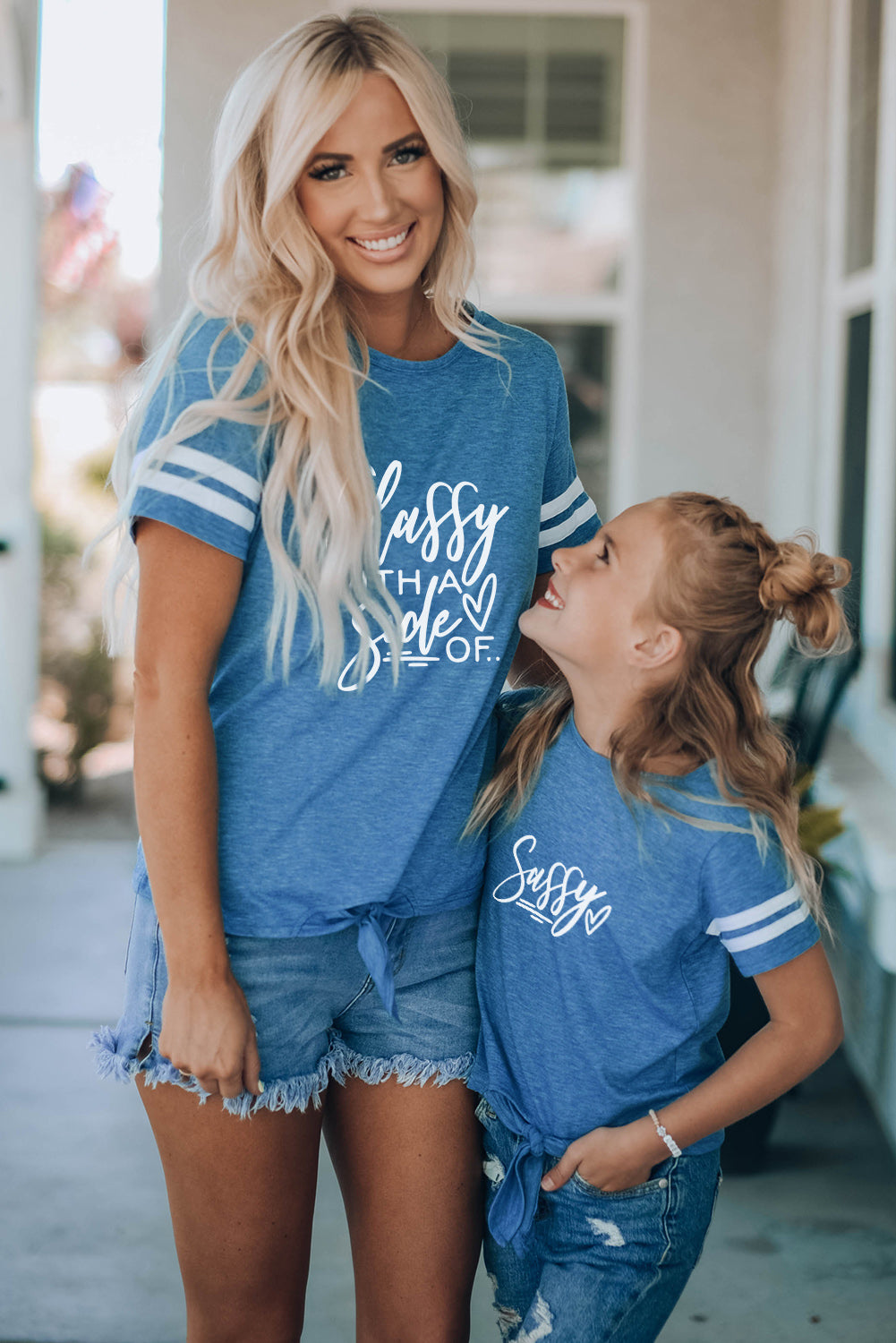 Blue Family Matching Letter Printed Tie Knot Short Sleeve Top Family T-shirts JT's Designer Fashion