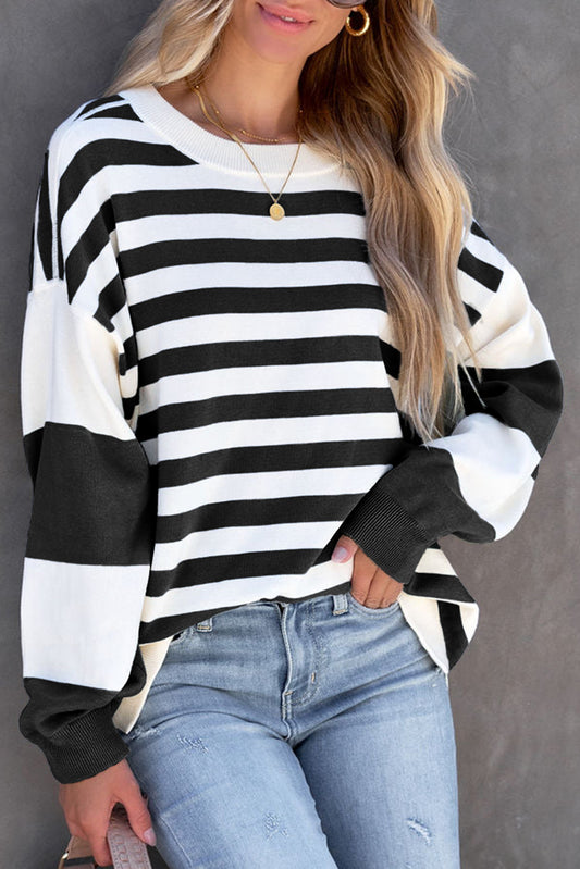 Black Stripe Drop Shoulder Striped Pullover Sweatshirt Black 100%polyester Sweatshirts & Hoodies JT's Designer Fashion
