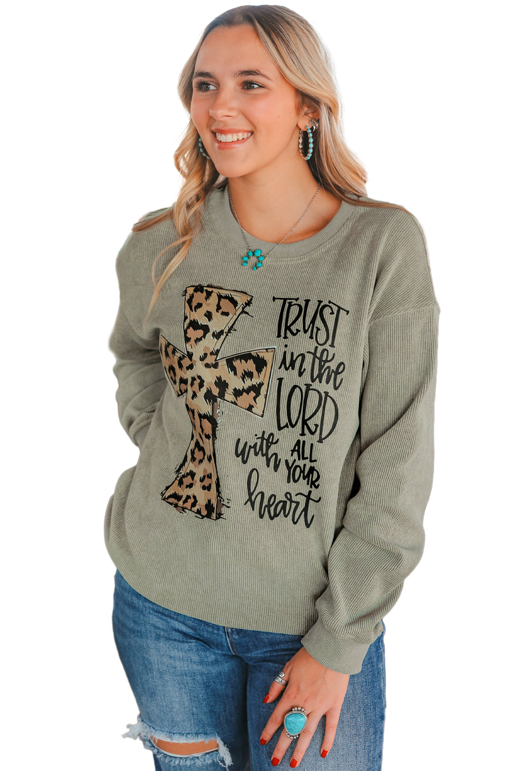 Green Leopard Jesus Cross Corded Oversized Sweatshirt Graphic Sweatshirts JT's Designer Fashion