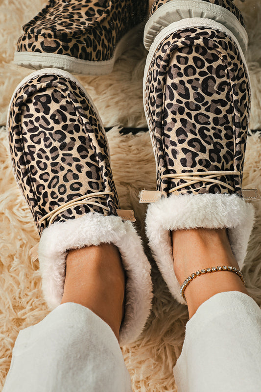 Leopard Pattern Lace Up Furry Flat Shoes Women's Shoes JT's Designer Fashion