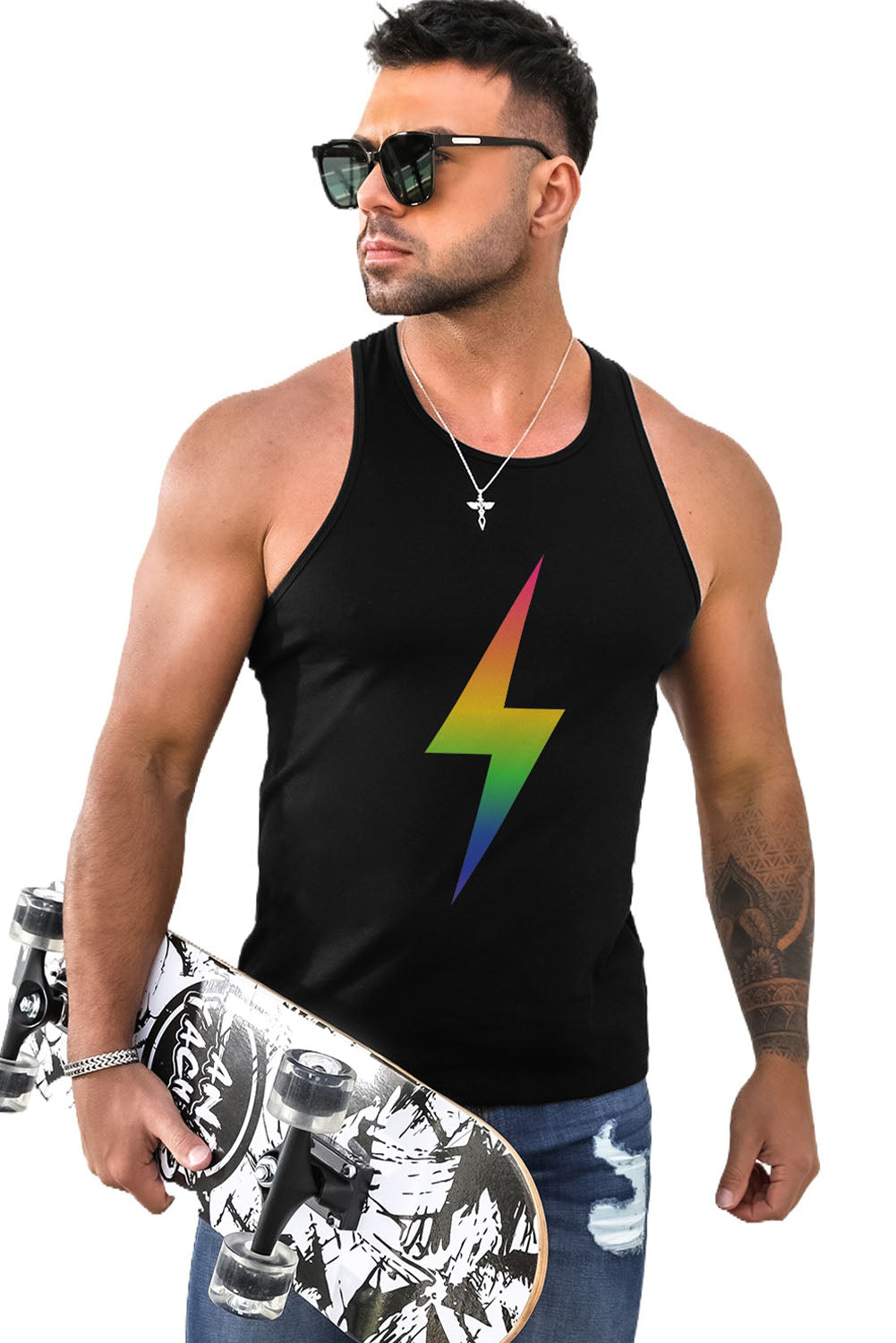 Black Rainbow Ombre Lightning Graphic Mens Tank Top Men's Tops JT's Designer Fashion