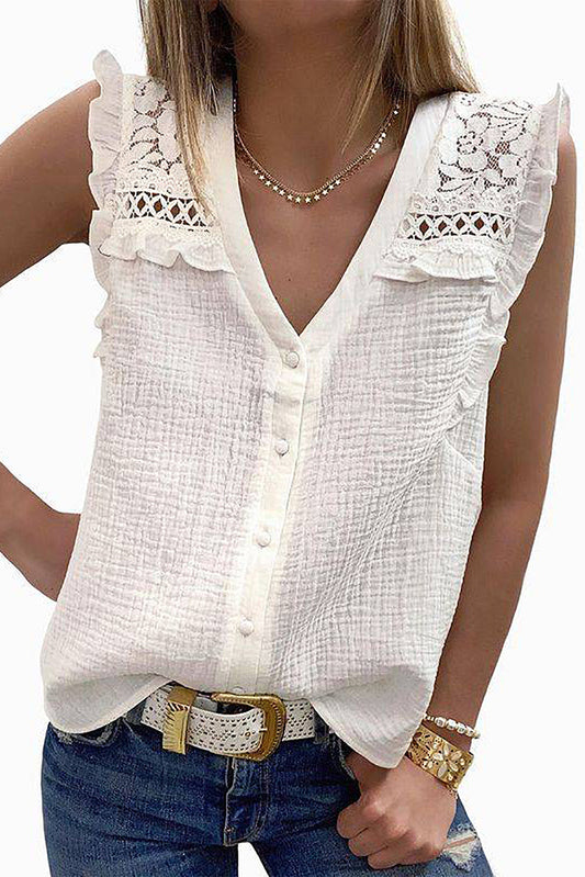 White Floral Lace Crochet Textured Sleeveless Shirt Blouses & Shirts JT's Designer Fashion