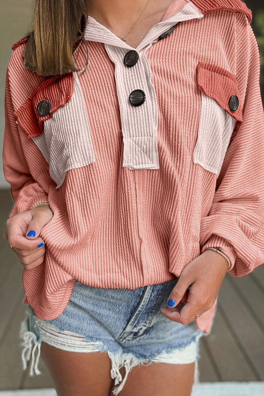 Multicolour Colorblock Corduroy Chest Pocket Buttoned Blouse Tops & Tees JT's Designer Fashion
