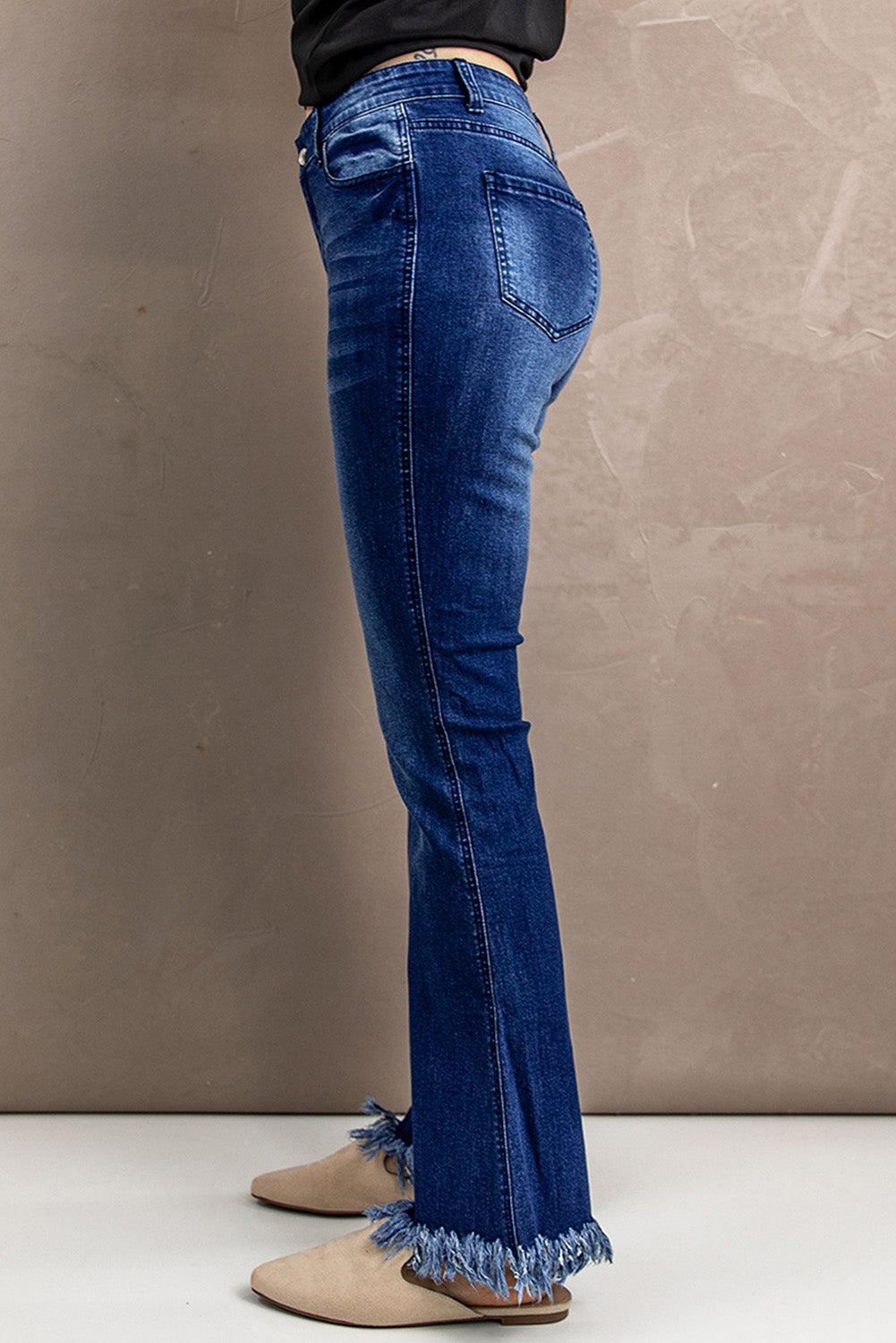 Blue Deep Wash High Waist Raw Edge Flare Jeans Jeans JT's Designer Fashion