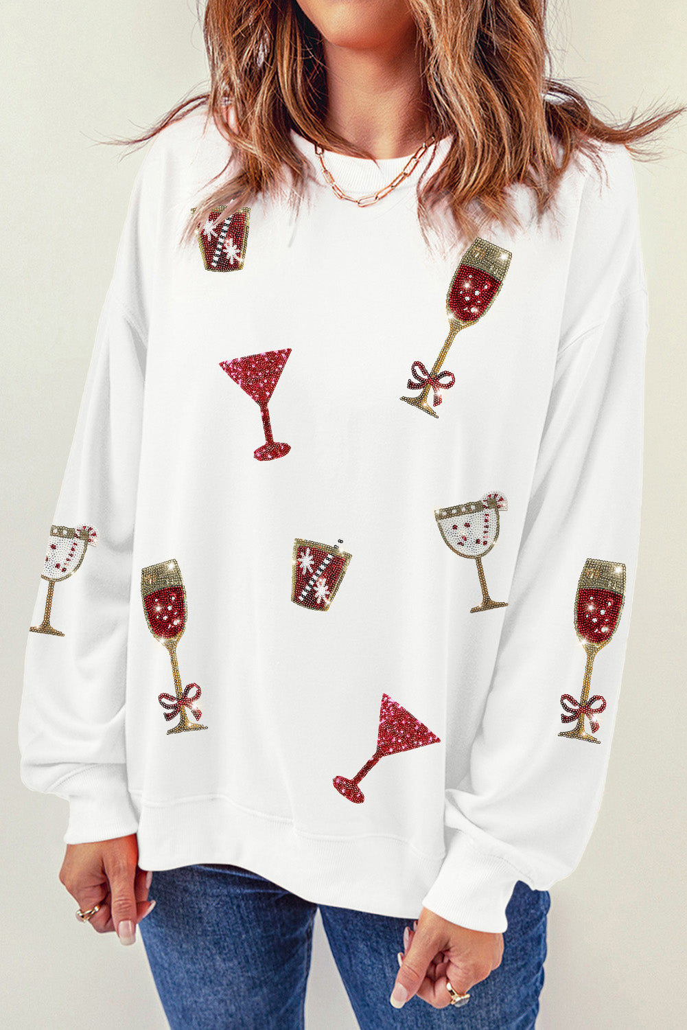 Beige Cheers Wineglasses Christmas Sweatshirt Graphic Sweatshirts JT's Designer Fashion