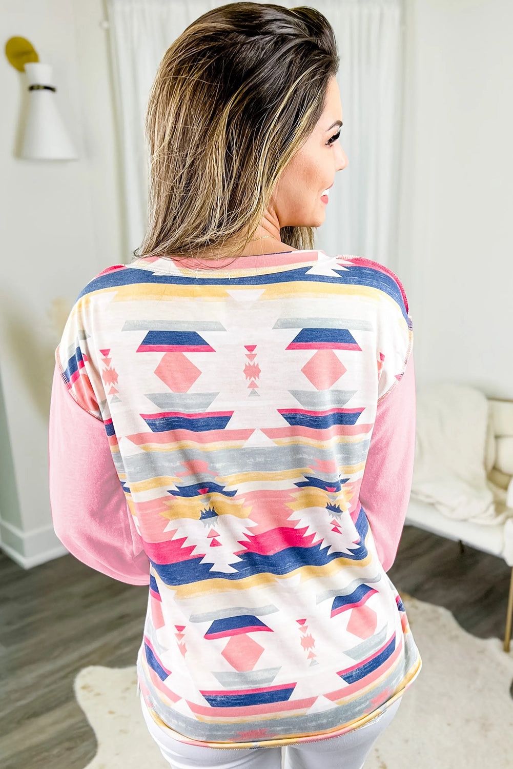 Pink Aztec Buttoned Split Neck Top Long Sleeve Tops JT's Designer Fashion