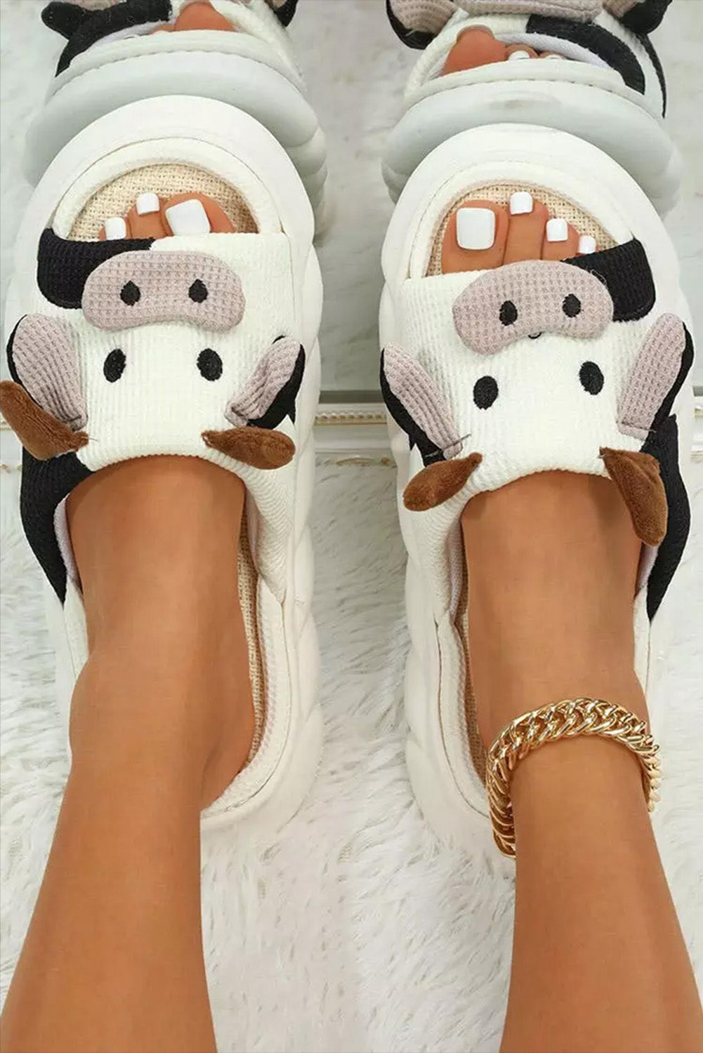 Bright White Cute Cow Pattern Open Toe Slippers Slippers JT's Designer Fashion