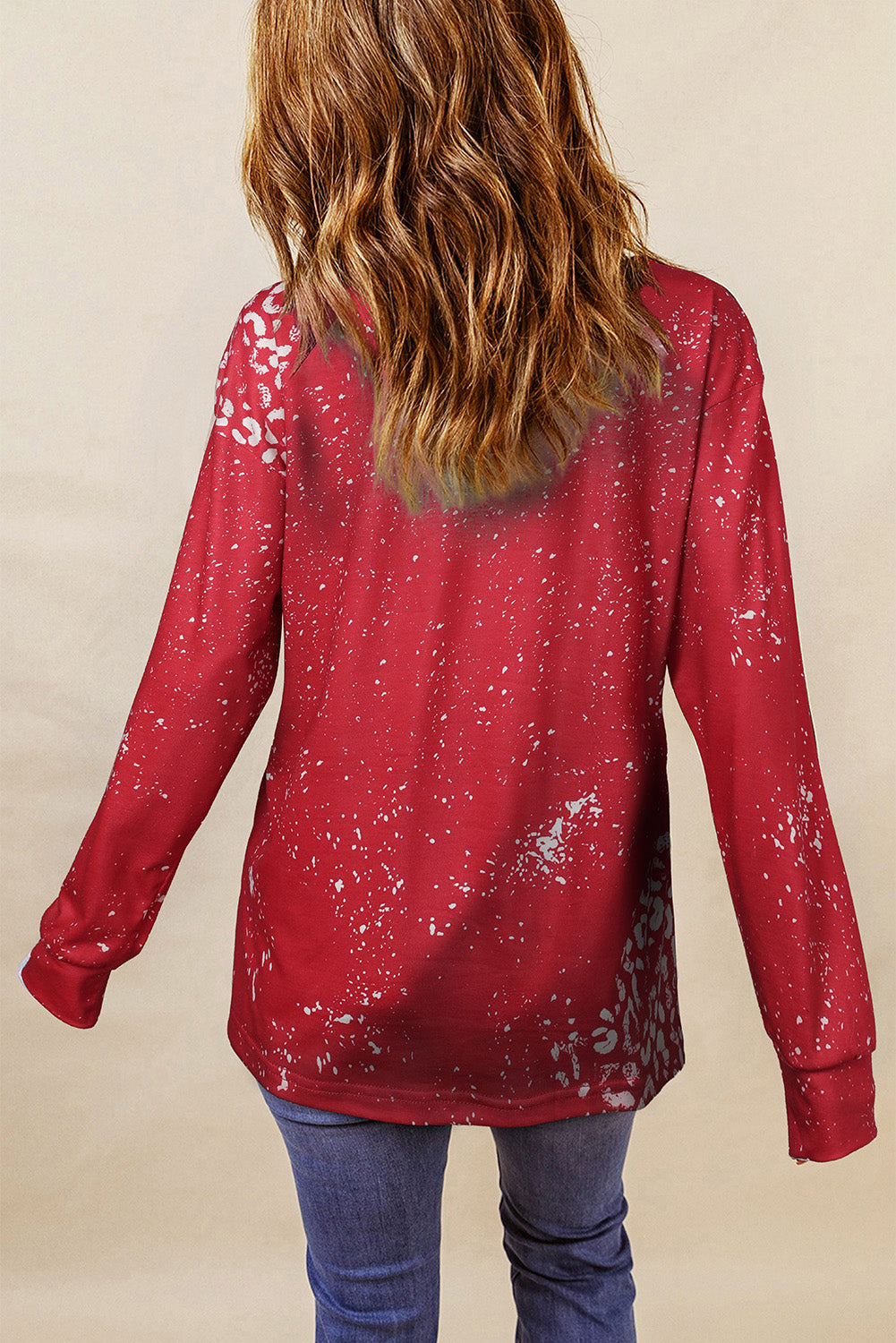 Red Retro Bleached Leopard Spot Pullover Long Sleeve Tops JT's Designer Fashion