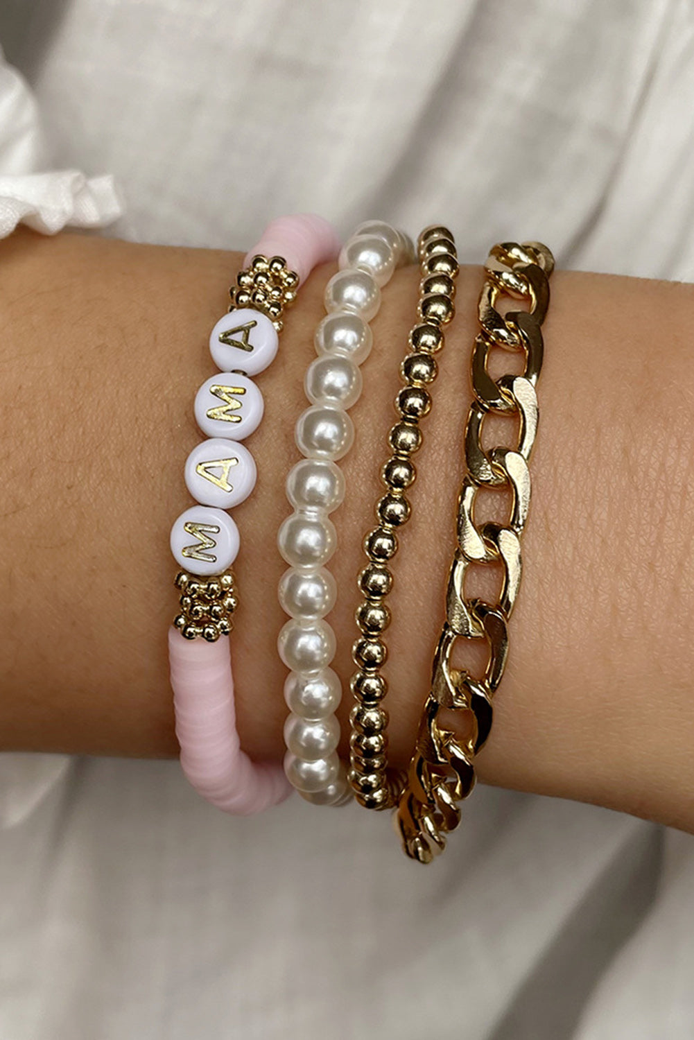Gold 4PCS MAMA Pearls Beaded Chain Bracelets Set Jewelry JT's Designer Fashion