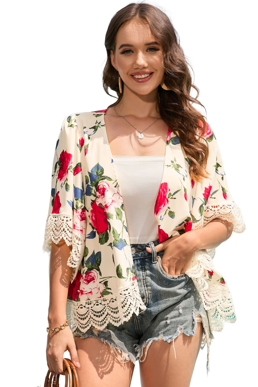 Beige Floral Print Scalloped Lace Splicing Kimono Kimonos JT's Designer Fashion