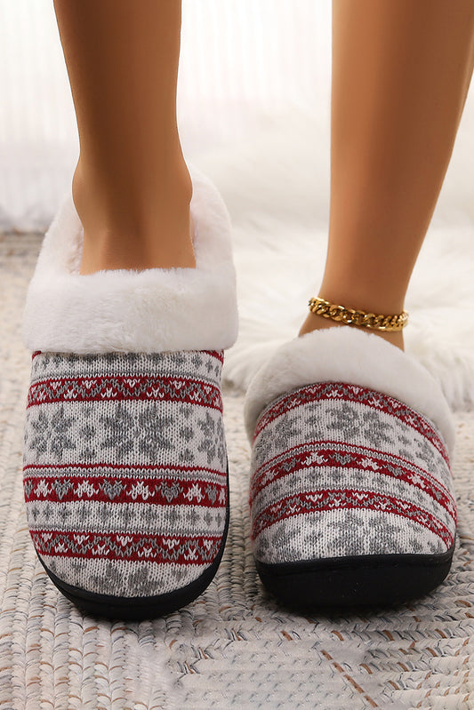 White Snowflake Pattern Knitted Plush Home Slippers Slippers JT's Designer Fashion