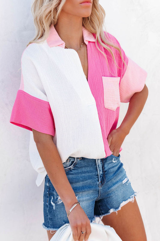 Rose Collared Neck Color Block Polo Shirt Blouses & Shirts JT's Designer Fashion