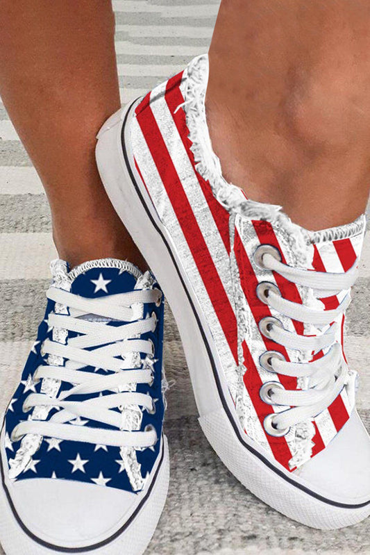 Blue American Flag Lace-up Canvas Flat Shoes Women's Shoes JT's Designer Fashion