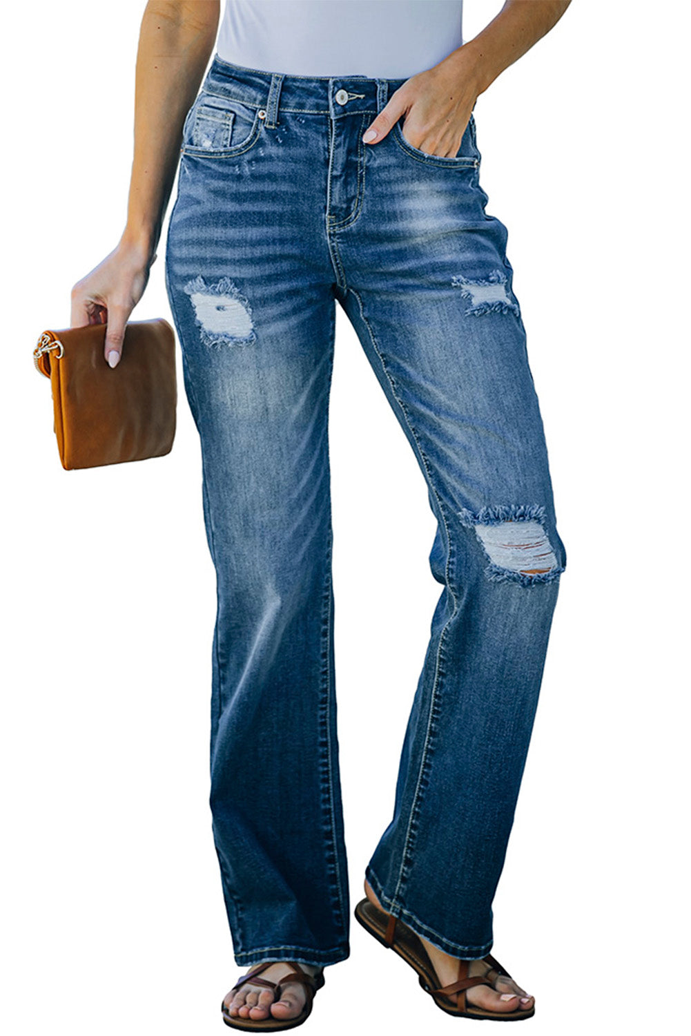 Blue High Rise Washed Distressed Flare Jeans Jeans JT's Designer Fashion