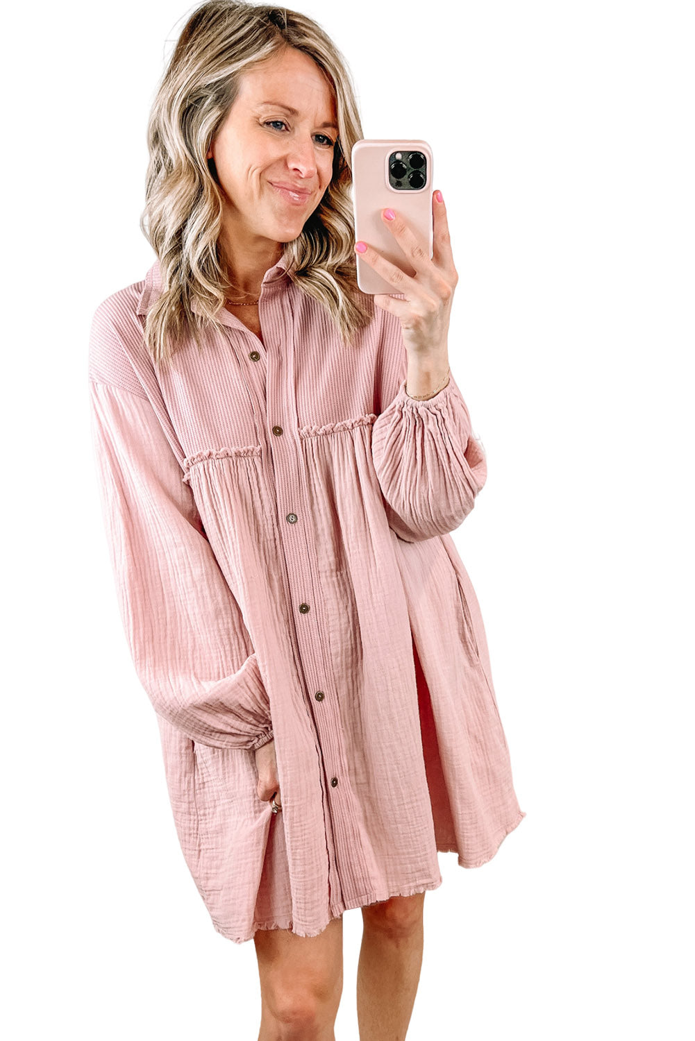 Pink Patchwork Crinkle Puff Sleeve Shirt Dress Dresses JT's Designer Fashion