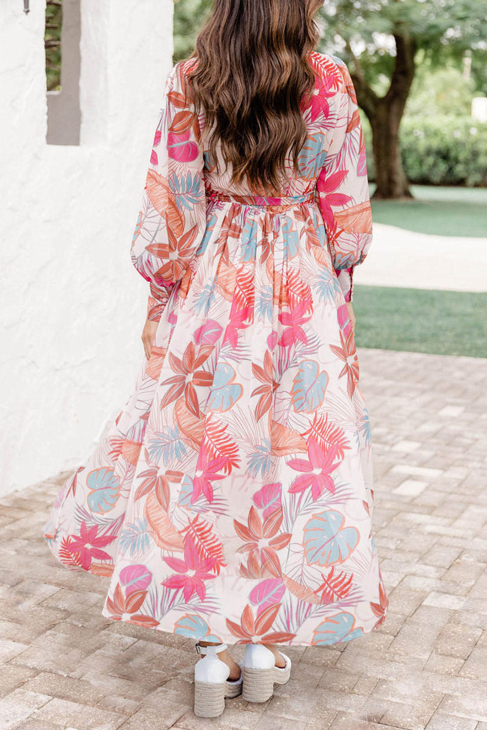 Pink Tropical Leaf Print V Neck Belted Maxi Split Dress Dresses JT's Designer Fashion