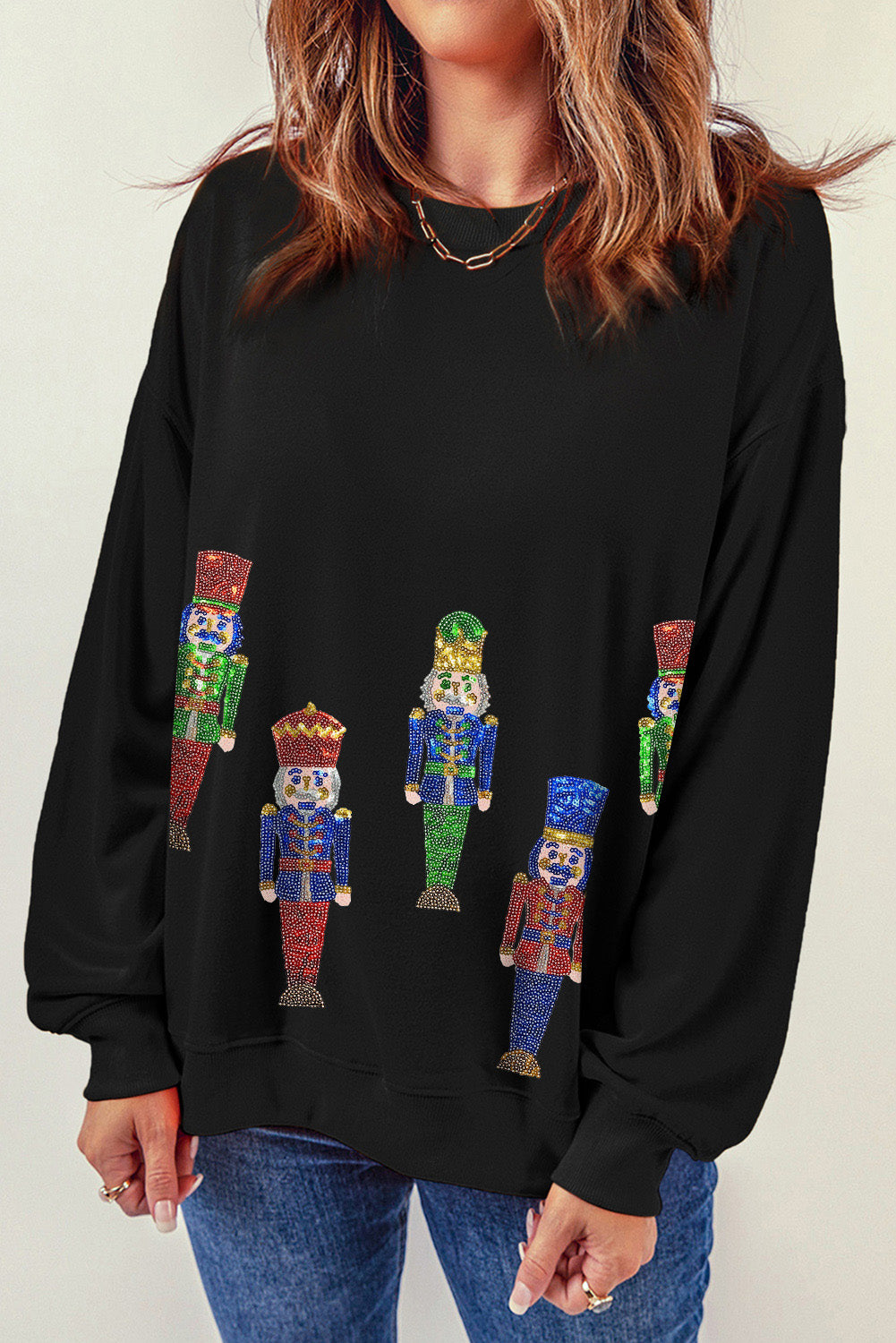 Black Sequined Nutcracker Doll Graphic Sweatshirt Graphic Sweatshirts JT's Designer Fashion