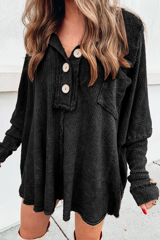 Black Waffle Knit Buttoned Long Sleeve Top Black 50%Polyester+50%Cotton Long Sleeve Tops JT's Designer Fashion