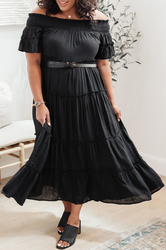 Black Plus Size Smocked Off Shoulder Frill Tiered Maxi Dress Black 100%Viscose Plus Size Dresses JT's Designer Fashion