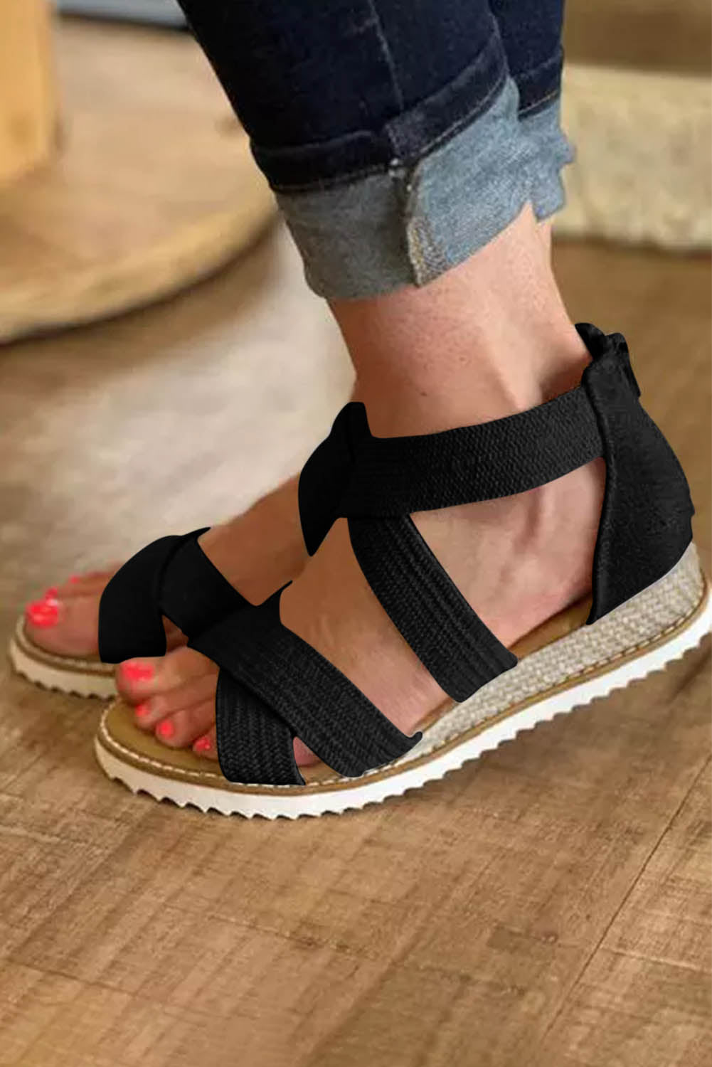 Black Criss Cross Strappy Zipped Low Wedge Sandals Sandals JT's Designer Fashion