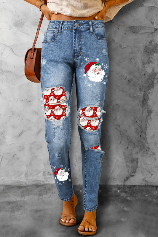 Sky Blue Christmas Santa Clause Pattern Distressed Jeans Jeans JT's Designer Fashion