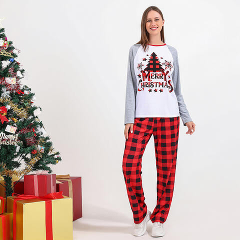 Women MERRY CHRISTMAS Graphic Top and Plaid Pants Set White Family Sets JT's Designer Fashion