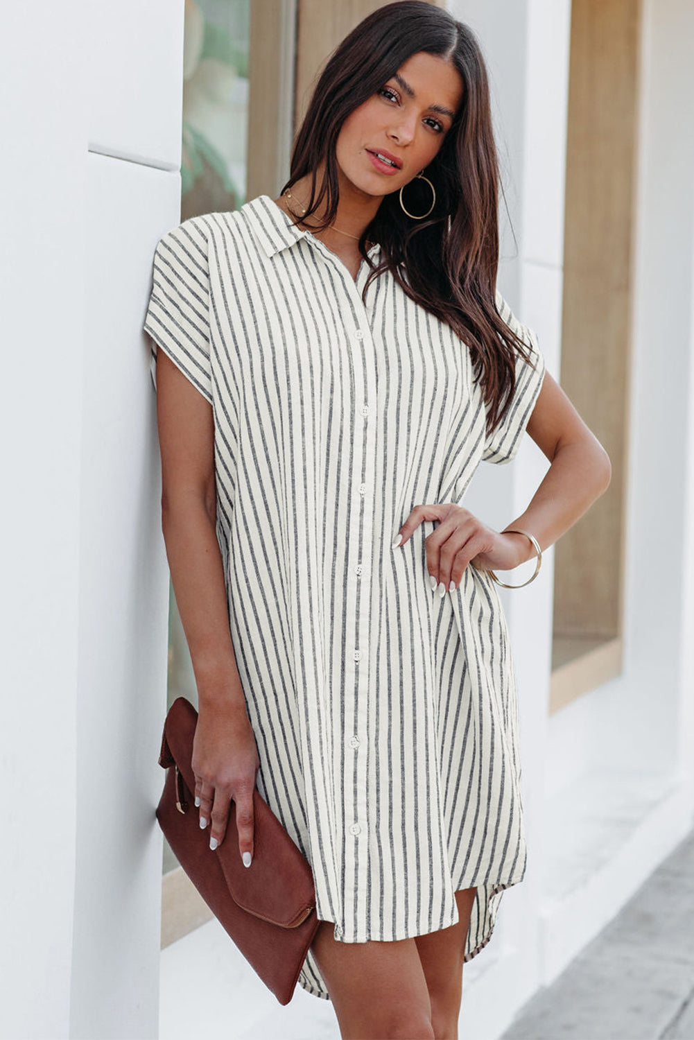 Gray Short Sleeves Striped Shirt Dress Mini Dresses JT's Designer Fashion