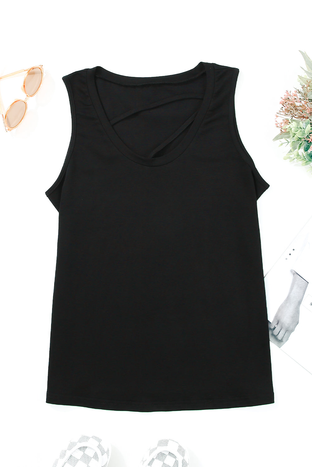 Black Strappy Hollow-out Neck Tank Top Tank Tops JT's Designer Fashion